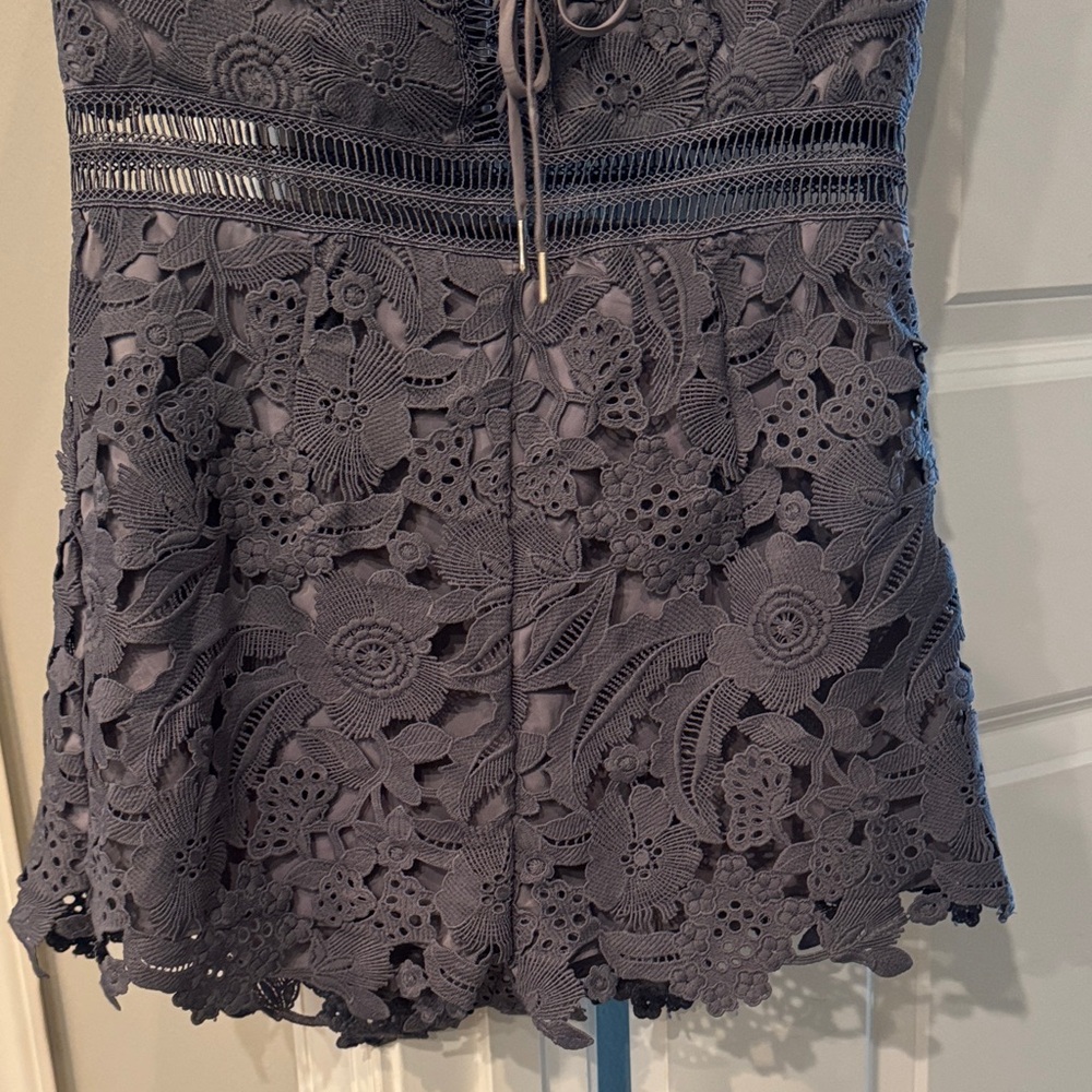 Saylor Mandy Blue Lace Off-Shoulder Romper - Picture 7 of 9